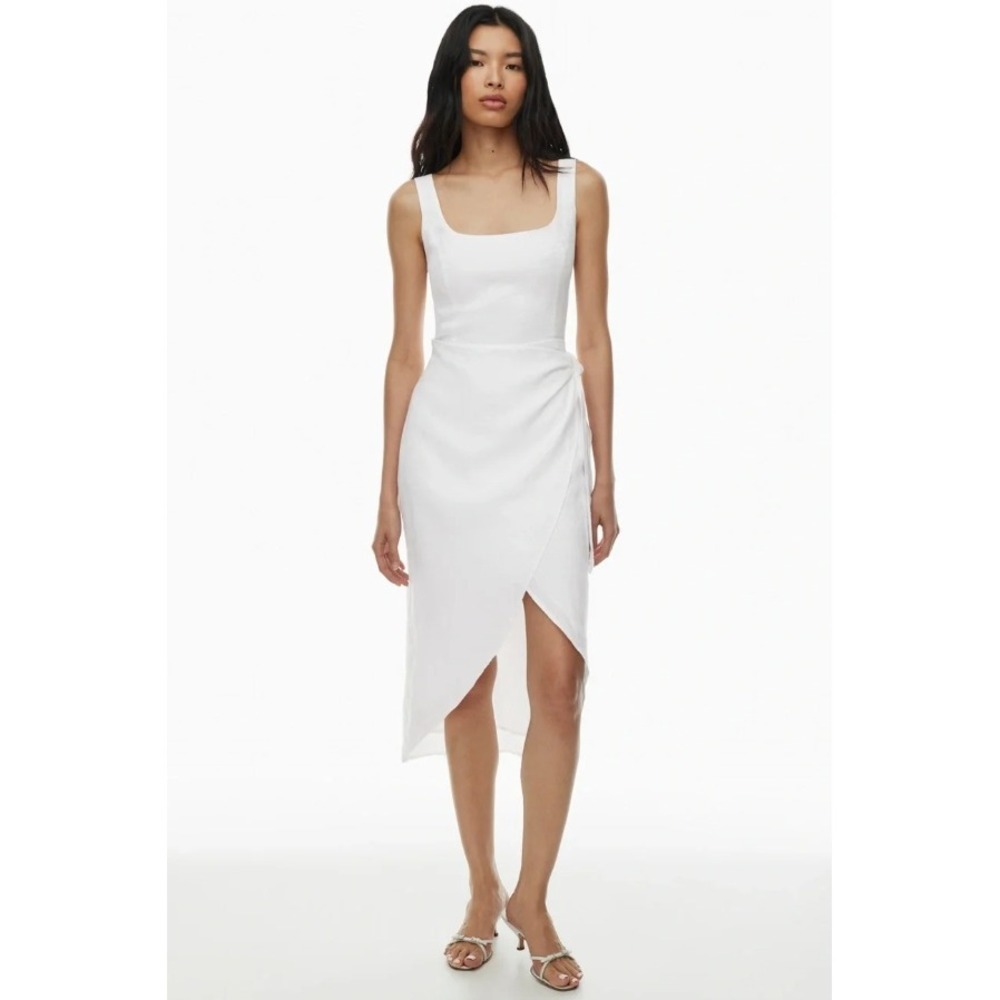 WILFRED‎ Aritzia Saturn Sarong Wrap Midi Dress Linen Square Neck Smocked White 4